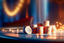 Casino background. Stack of poker chips on a casino game table with lightning on blurred casino interior background. Copy space. Generative ai