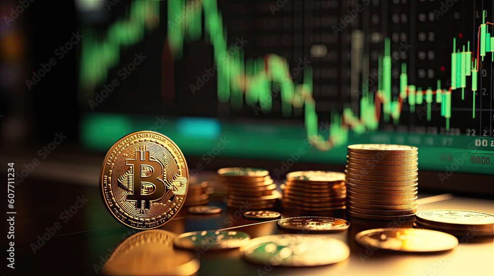 Gold coin with bitcoin symbol on candlestick chart background, dark ...
