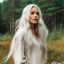 Portrait Of Beautiful Young Woman With Long White Hair In The Forest. Digital Art. Portrait Of An Attractive Young Woman In The Woods With Long White Hair. Digital Artwork.