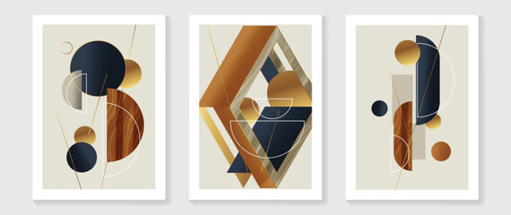 Abstract geometric wall art background vector. Set of modern wall decoration with shapes, circle, square, lines, gold, marble texture. Trendy wallpaper illustration for interior, print, cover.