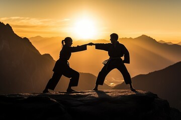 Wall Mural - Couple practicing martial arts on the top of a mountain. Generative AI