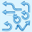 3D computer web cursor arrow. Set of blue arrows. Alternate pointer to select the correct target. Vector illustration. 3D arrows.Straight, curved, round, zigzag 3d arrows collection.