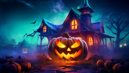 Wall Mural - halloween poster, scary pumpkin and house, with fantastic background, generative ai