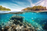 Fototapeta Do akwarium - Tropical sea island and coral reef, clear sea and colorful corals, generative AI.