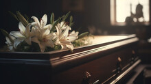 Flowers On A Coffin In The Funeral Services. Generative Ai