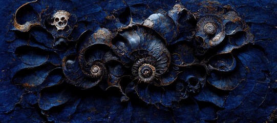 Poster - Fossilized ammonite sea shell spirals embedded into dark cobalt blue slate rock. Prehistoric layered and ridged stone texture with detailed surface patterns - generative ai