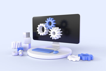 Technical support isometric 3d render. Computer service with gears on pc screen, software development. Concept of settings, installation, maintenance, repair and fixing, web banner. 3D Illustration