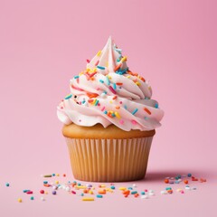 Sticker - A cupcake with white frosting and sprinkles on a pink background. Generative AI image.