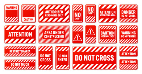 various white and red warning signs with diagonal lines. attention, danger or caution sign, construc