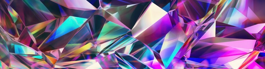 Wall Mural - 3d render, abstract crystal background, iridescent texture, macro panorama, faceted gem, wide panoramic polygonal wallpaper, Generative AI