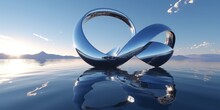3d Render, Abstract Futuristic Background, Northern Panoramic Landscape, Fantastic Scenery With Calm Water, Geometric Glossy Chrome Infinity Shape And, Generative AI