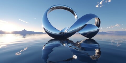 3d render, abstract futuristic background, northern panoramic landscape, fantastic scenery with calm water, geometric glossy chrome infinity shape and, Generative AI