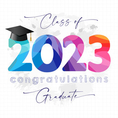Poster - Graduating creative banner for class of 2023. School background - notebook page, ink spots, colorful number 2 0 2 3 and handwritten style text. Isolated graphic elements. Prom ceremony greeting card.