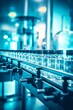 © getti - Hintergrund der pharmazeutischen Herstellung mit Glasflaschen mit klarer Flüssigkeit auf einer automatischen Förderlinie, Generiert mit KI