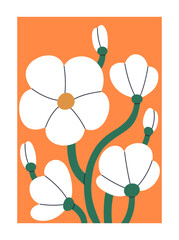 Fototapete - Floral card, interior poster. Blossomed blooming summer flowers. Vertical wall art, abstract garden plants in modern style. Contemporary botanical flat vector illustration isolated on white background