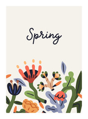 Leinwandbilder - Floral poster, background. Abstract spring flowers, modern vertical card. Botanical postcard, cover design with creative blossomed blooms, whimsical plants, wildflowers. Flat vector illustration