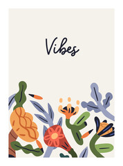 Fototapete - Floral card background, abstract creative fancy flowers. Botanical poster, nature postcard backdrop, whimsical blooms, blossomed wild plants in trendy primitive style. Flat vector illustration