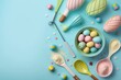 Easter celebration concept. Top view photo of dish with colorful easter eggs kitchen utensils rolling-pin whisk paper baking molds and sprinkles on isolated pastel blue background, Generative AI