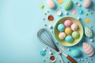 Easter celebration concept. Top view photo of dish with colorful easter eggs kitchen utensils rolling-pin whisk paper baking molds and sprinkles on isolated pastel blue background, Generative AI