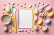 Easter concept. Top view photo of book of recipes kitchen utensils colorful easter eggs in paper baking molds easter bunny ears and sprinkles on isolated pastel pink background, Generative AI