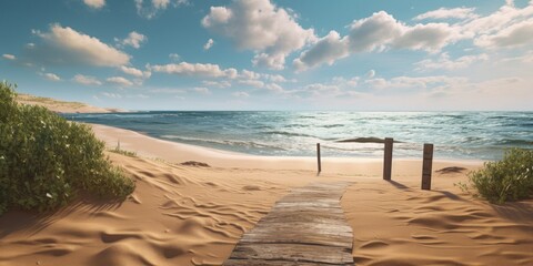 Illustration of access to a beautiful deserted sandy beach overlooking the sea. Generative AI