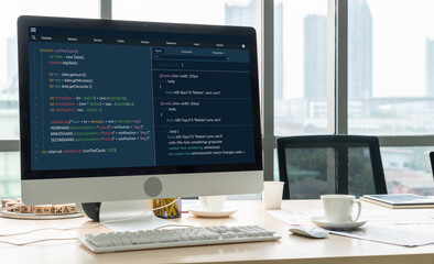 Software development programming on computer screen for modish application and program coding