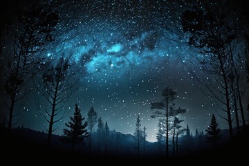 night sky in forest, generative ai, view of star on night sky through tree brunches