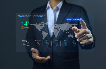 Wall Mural - News anchor or businessman reporting weather and checking weather around the world with virtual screen and weather dashboard. Warn people with weather reports to prevent losses from natural disasters.