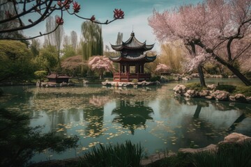 Poster - peaceful china pagoda garden with blooming cherry blossoms and koi pond, created with generative ai