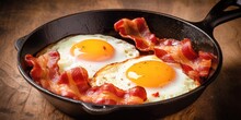 Bacon And Eggs In A Pan. Composition With Tasty Fried Eggs And Bacon On Wooden Table. Generative AI.
