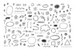 Sketch hand drawn line set of simple decorative elements. Various icons such as hearts, stars, speech bubbles, arrows, lines isolated on white background.
