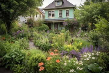 Poster - cottage garden filled with lush greenery and colorful blooms, created with generative ai