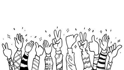 hand drawing of hands up, clapping ovation. applause, thumbs up and peace gesture on doodle handdrawn style , vector illustration, cartoon black white background.