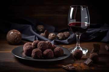 Wall Mural - plate of dark chocolate truffles and glass of red wine, created with generative ai