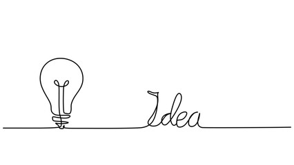 Wall Mural - Light bulb continuous one line drawing, vector creative solution with idea text. Minimalist hand contour sketch of business creativity metaphor.