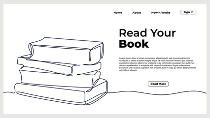 Wall Mural - Stack of books continuous line drawing. Landing page template of education and literature library theme. Read your book text. Vector illustration minimalist.