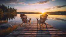Two Wooden Chairs On A Wood Pier Overlooking A Lake At Sunset In Finland. Generative Ai