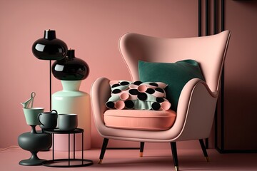 Sticker - a pink armchair, paired with a sleek black lamp and a tray of pastel-colored tea cups, created with generative ai