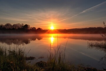 Wall Mural - sunrise, with the sun rising over a serene landscape, illuminating the sky, created with generative ai