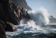 Majestic Cliff Face With Waves Crashing Against The Rocks, Spray Flying In The Air, Created With Generative Ai
