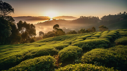 tea gardens on the hill at sunrise. Generative Ai