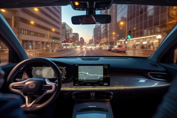 Canvas Print - connected car with dashboard view of busy city street, filled with people and traffic, created with generative ai