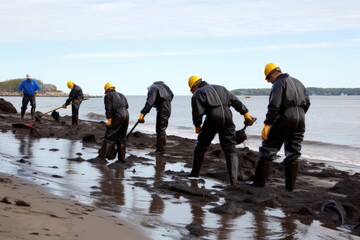 Wall Mural - oil spill cleanup crew on beach, removing tar balls and other debris from shoreline, created with generative ai