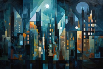 Poster - cubist painting of cityscape at night, with skyscrapers and stars visible, created with generative ai