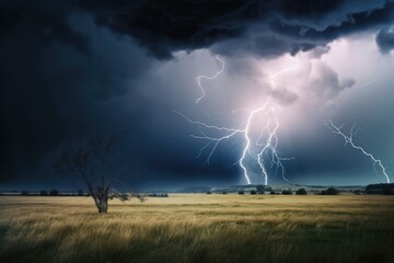 Wall Mural - abstract and surreal landscape with stormy sky, lightning strikes, and dramatic clouds, created with generative ai