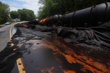 Toxic Sludge Spilled From Overturned Tanker Truck, Polluting The Roadside, Created With Generative Ai