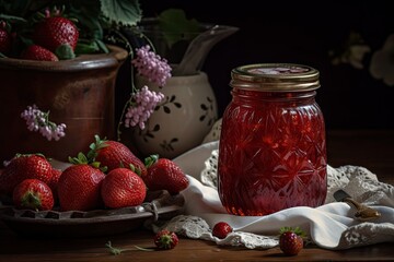 Wall Mural - homemade strawberry jam, with hints of lemon and vanilla, in vintage jar, created with generative ai