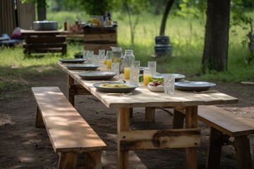 Poster - picnic table set with dishes, cutlery, and glasses for outdoor dining, created with generative ai