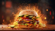 © vectorizer88 - Delicious hamburger with fire flames on wooden background. Generative Ai
