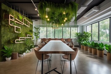 Sticker - co-working space with interiors inspired by nature and greenery, created with generative ai